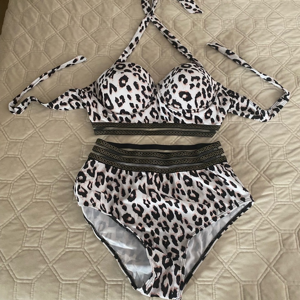 Leopard Print High-Waist Bikini Set - White/Tan/Black